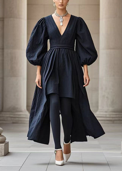 French Black V Neck Asymmetrical Cotton Dress Puff Sleeve