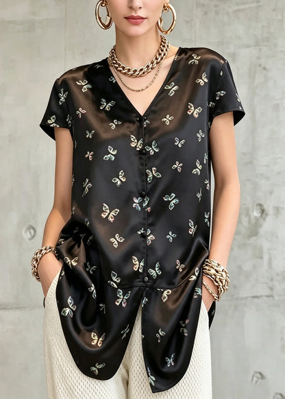 French Black V Neck Butterfly Print Shirt Tops Short Sleeve