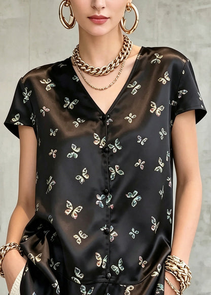 French Black V Neck Butterfly Print Shirt Tops Short Sleeve