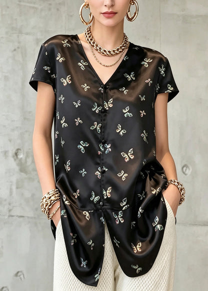 French Black V Neck Butterfly Print Shirt Tops Short Sleeve