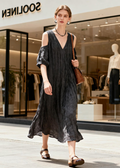 French Black V Neck Cold Shoulder Patchwork Cotton Long Dress Summer