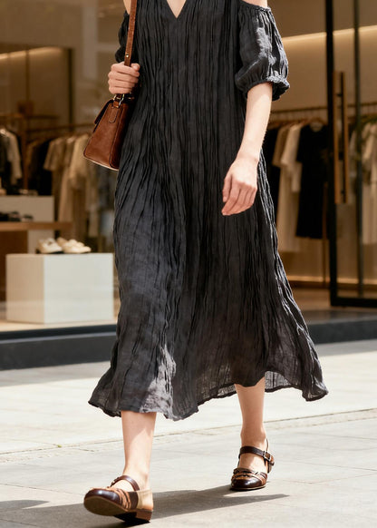 French Black V Neck Cold Shoulder Patchwork Cotton Long Dress Summer