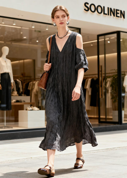 French Black V Neck Cold Shoulder Patchwork Cotton Long Dress Summer