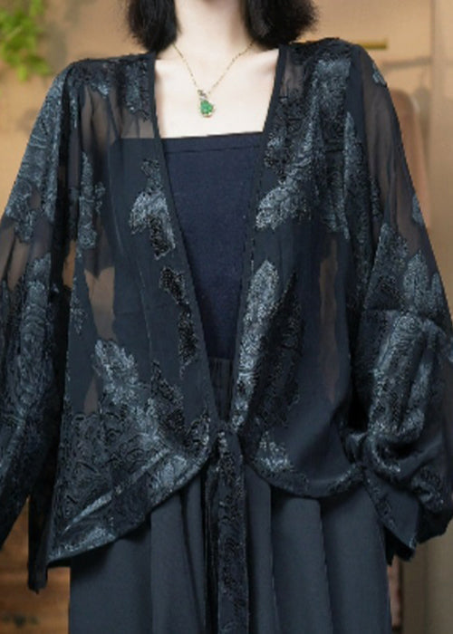 French Black V Neck Embroidered Lace Up Silk Cardigan Fall