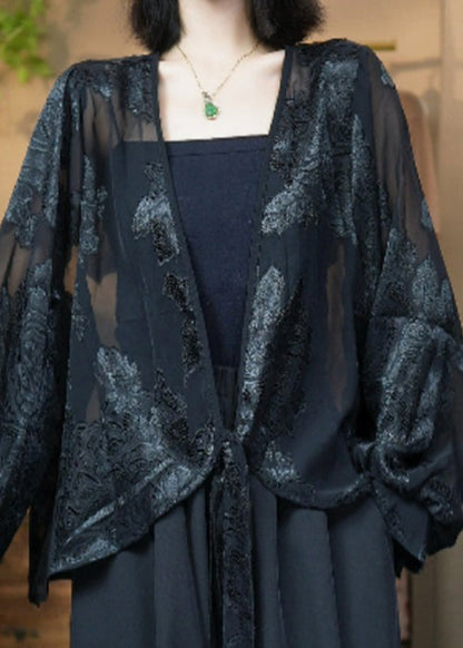 French Black V Neck Embroidered Lace Up Silk Cardigan Fall