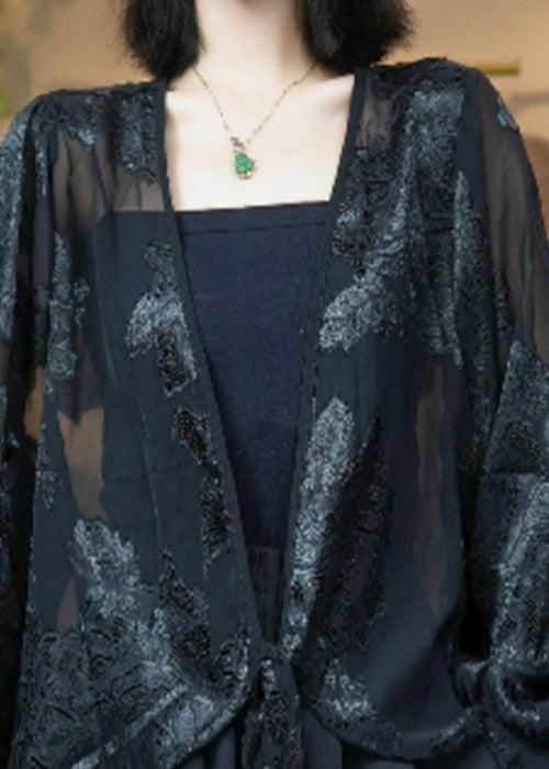 French Black V Neck Embroidered Lace Up Silk Cardigan Fall