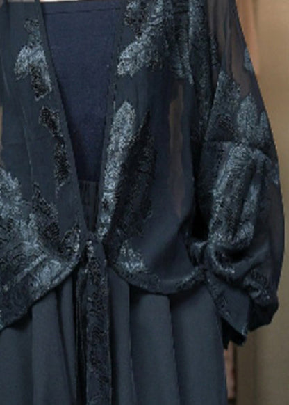 French Black V Neck Embroidered Lace Up Silk Cardigan Fall