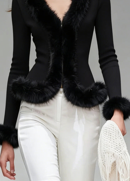 French Black V Neck Fur Patchwork Knit Blouses Spring