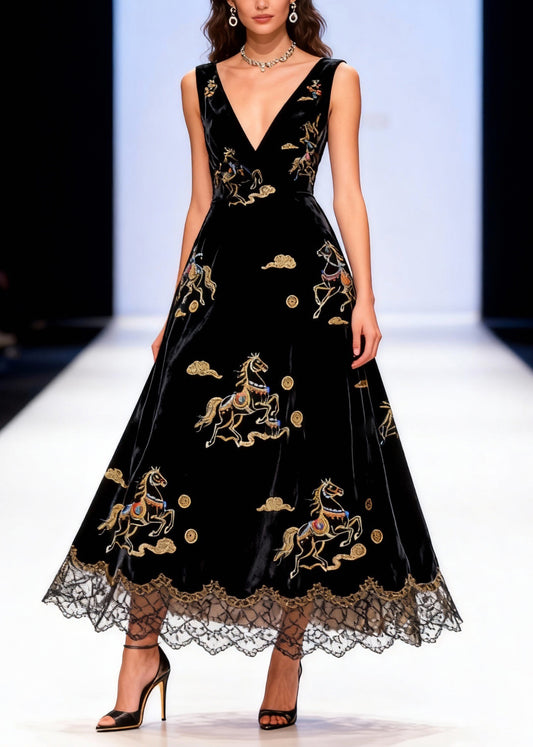 French Black V Neck Horse Lace Patchwork Silk Velvet Long Dress Sleeveless