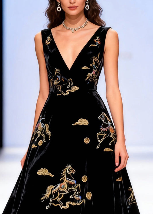 French Black V Neck Horse Lace Patchwork Silk Velvet Long Dress Sleeveless