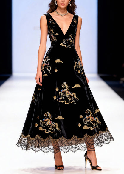 French Black V Neck Horse Lace Patchwork Silk Velvet Long Dress Sleeveless