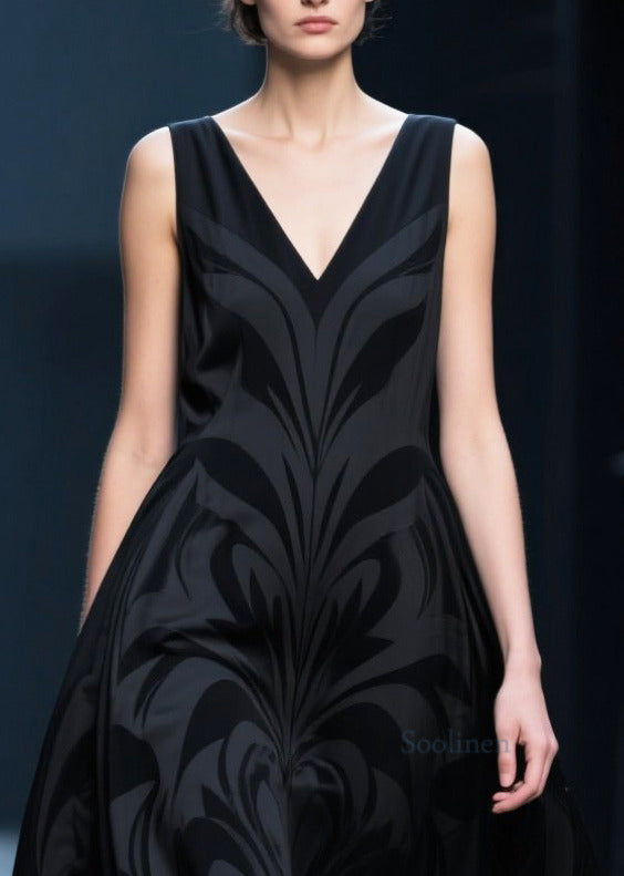 French Black V Neck Jacquard Chiffon Robe Dresses Summer