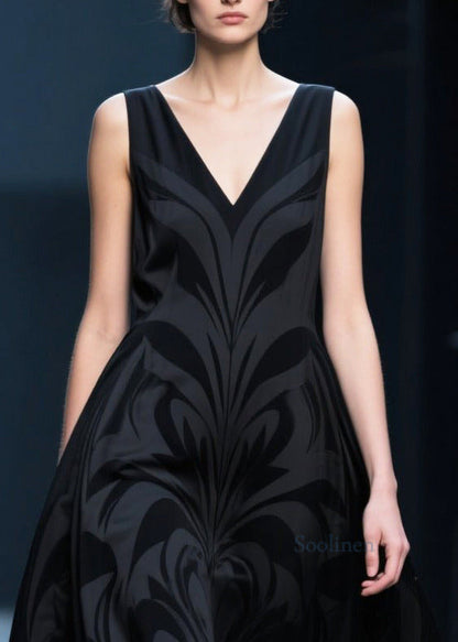 French Black V Neck Jacquard Chiffon Robe Dresses Summer