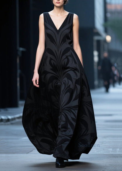 French Black V Neck Jacquard Chiffon Robe Dresses Summer