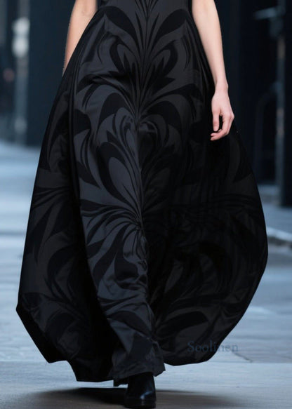 French Black V Neck Jacquard Chiffon Robe Dresses Summer