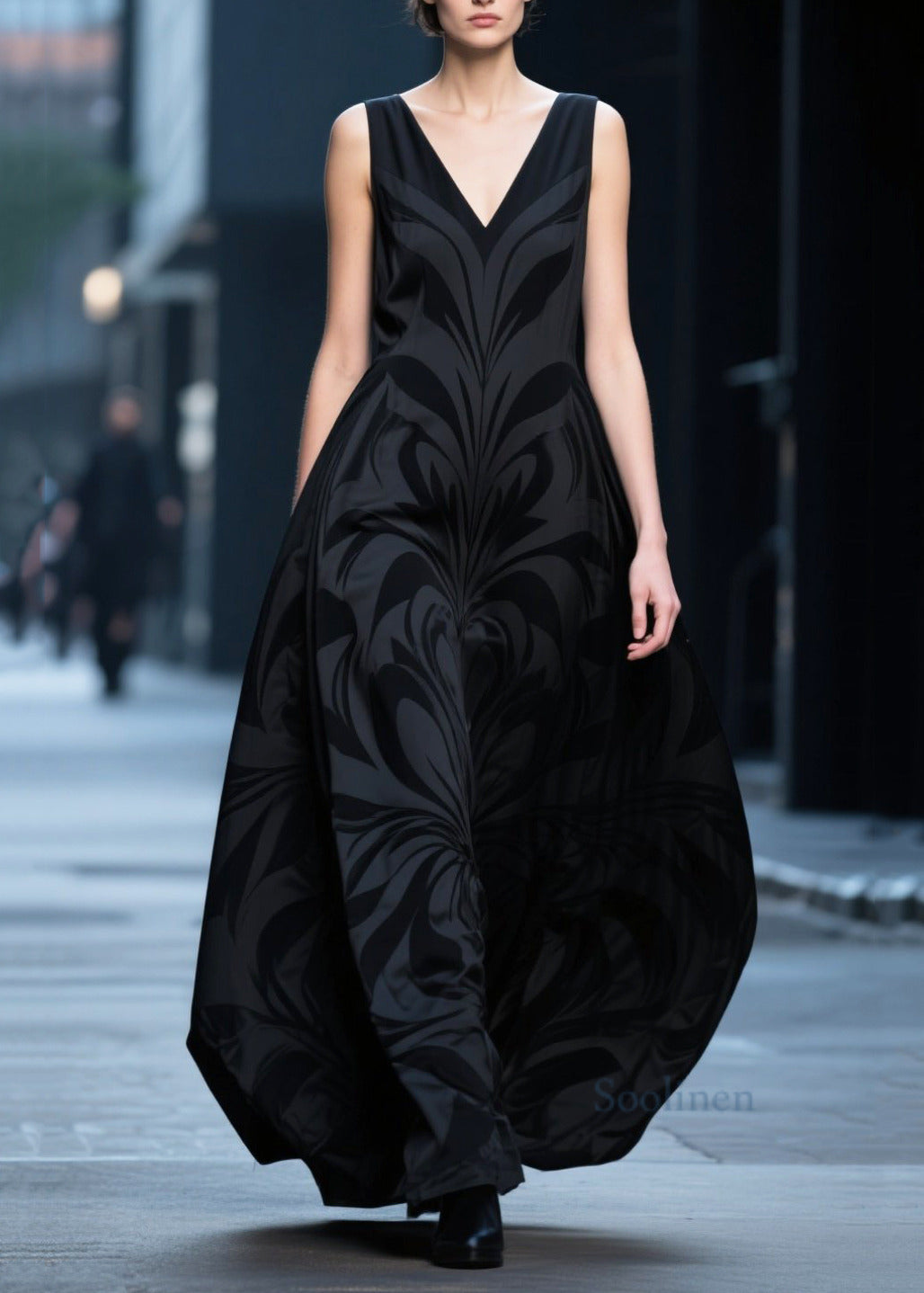 French Black V Neck Jacquard Chiffon Robe Dresses Summer