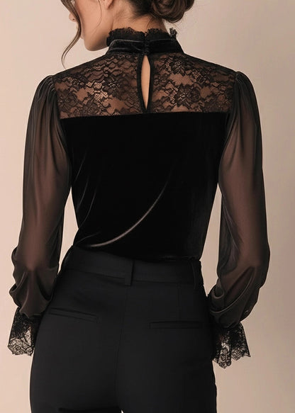 French Black V Neck Lace Patchwork Velour Blouses Fall