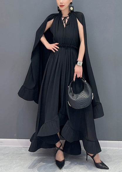 French Black V Neck Low High Design Vacation Chiffon Maxi Dresses Fall