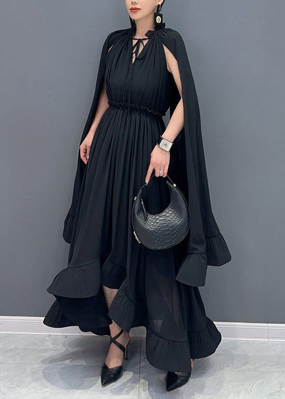 French Black V Neck Low High Design Vacation Chiffon Maxi Dresses Fall