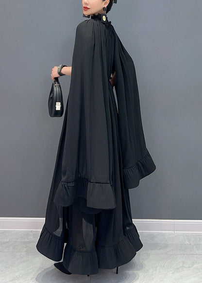 French Black V Neck Low High Design Vacation Chiffon Maxi Dresses Fall