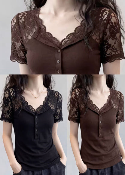 French Black V Neck Patchwork Lace Top Summer