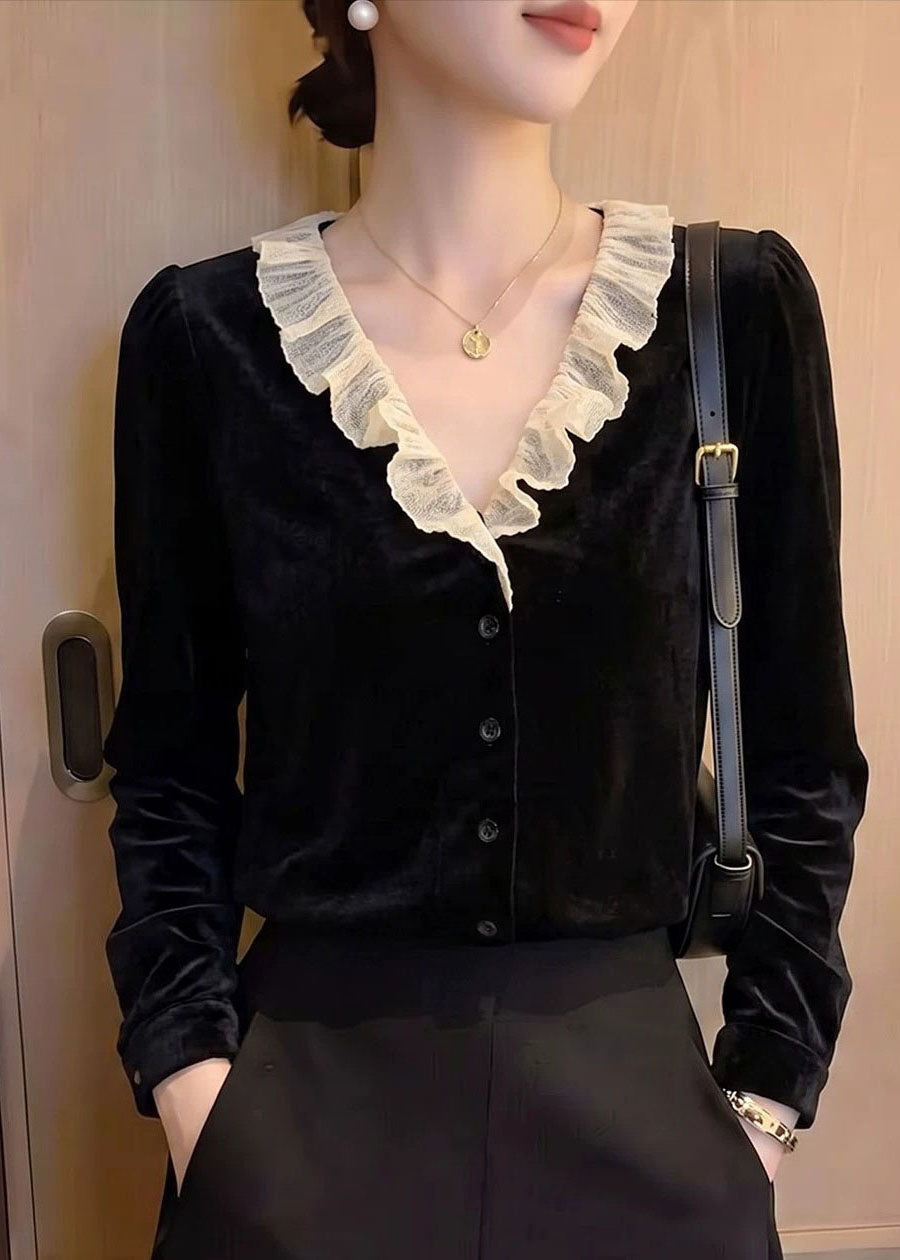 French Black V Neck Patchwork Silk Velour Top Long Sleeve