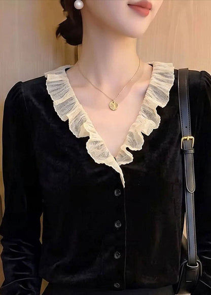 French Black V Neck Patchwork Silk Velour Top Long Sleeve