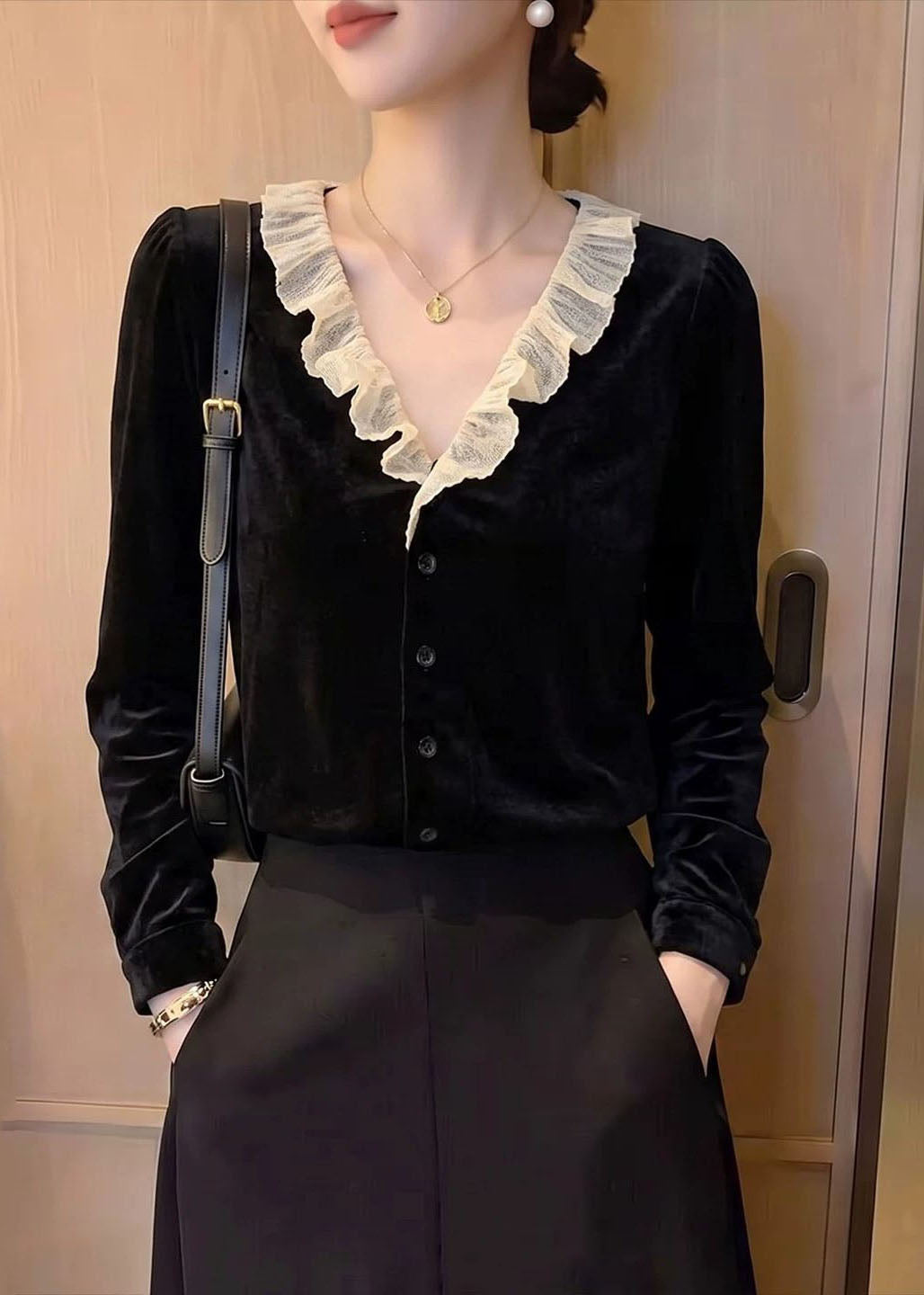 French Black V Neck Patchwork Silk Velour Top Long Sleeve