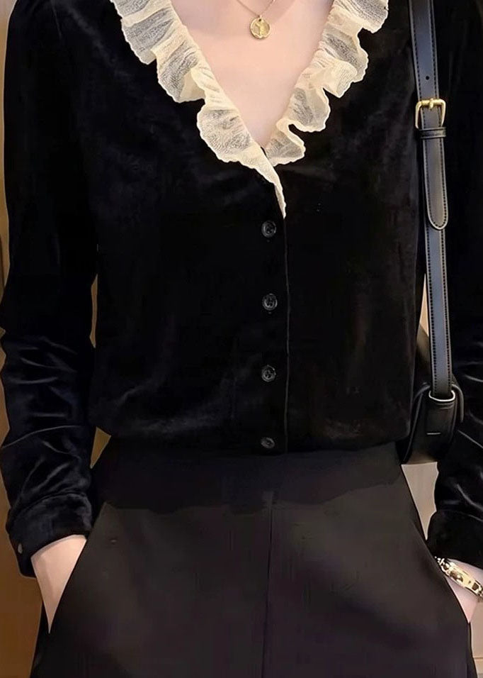 French Black V Neck Patchwork Silk Velour Top Long Sleeve