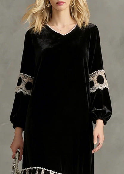 French Black V Neck Patchwork Silk Velvet Long Dress Spring