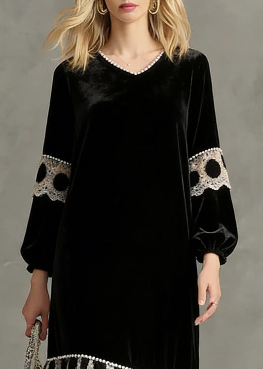 French Black V Neck Patchwork Silk Velvet Long Dress Spring