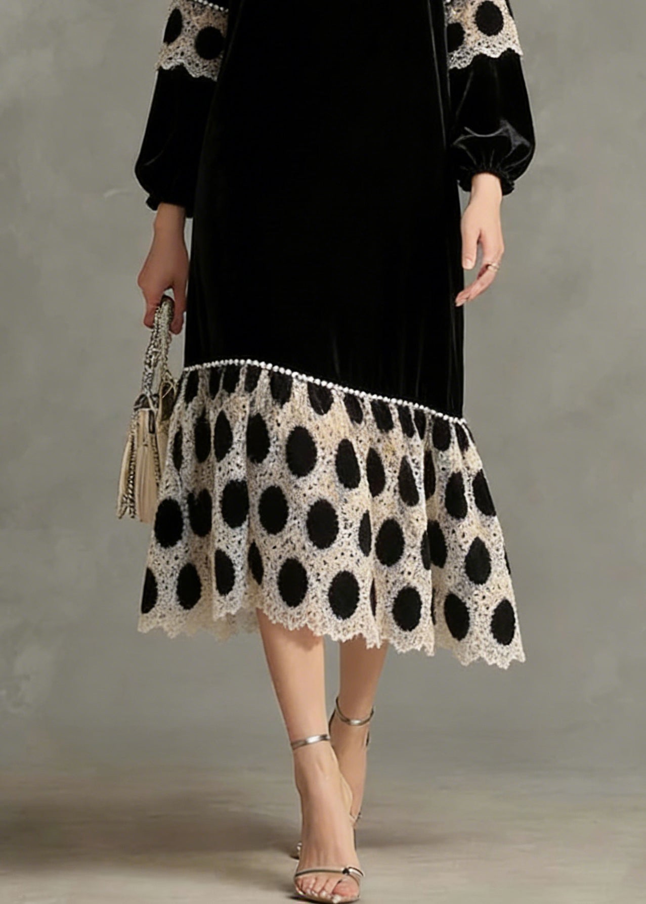 French Black V Neck Patchwork Silk Velvet Long Dress Spring