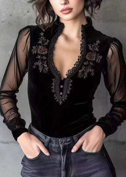 French Black V Neck Patchwork Velour Shirt Top Spring