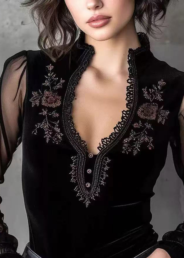 French Black V Neck Patchwork Velour Shirt Top Spring