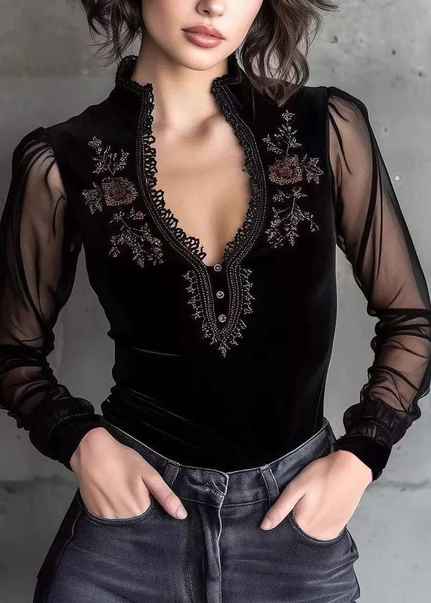 French Black V Neck Patchwork Velour Shirt Top Spring