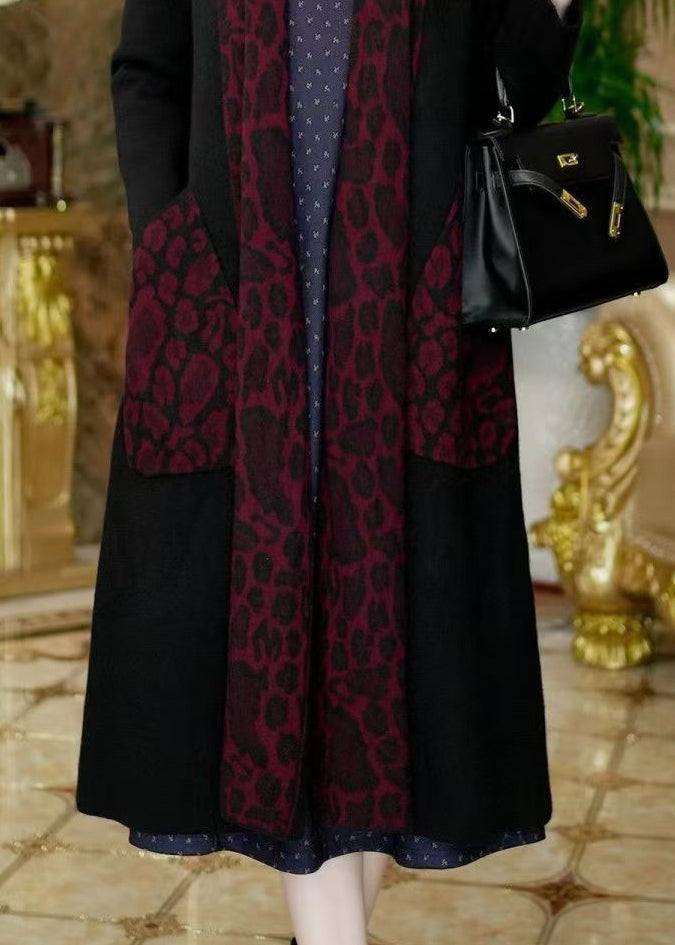 French Black V Neck Pockets Patchwork Knit Cardigans Winter