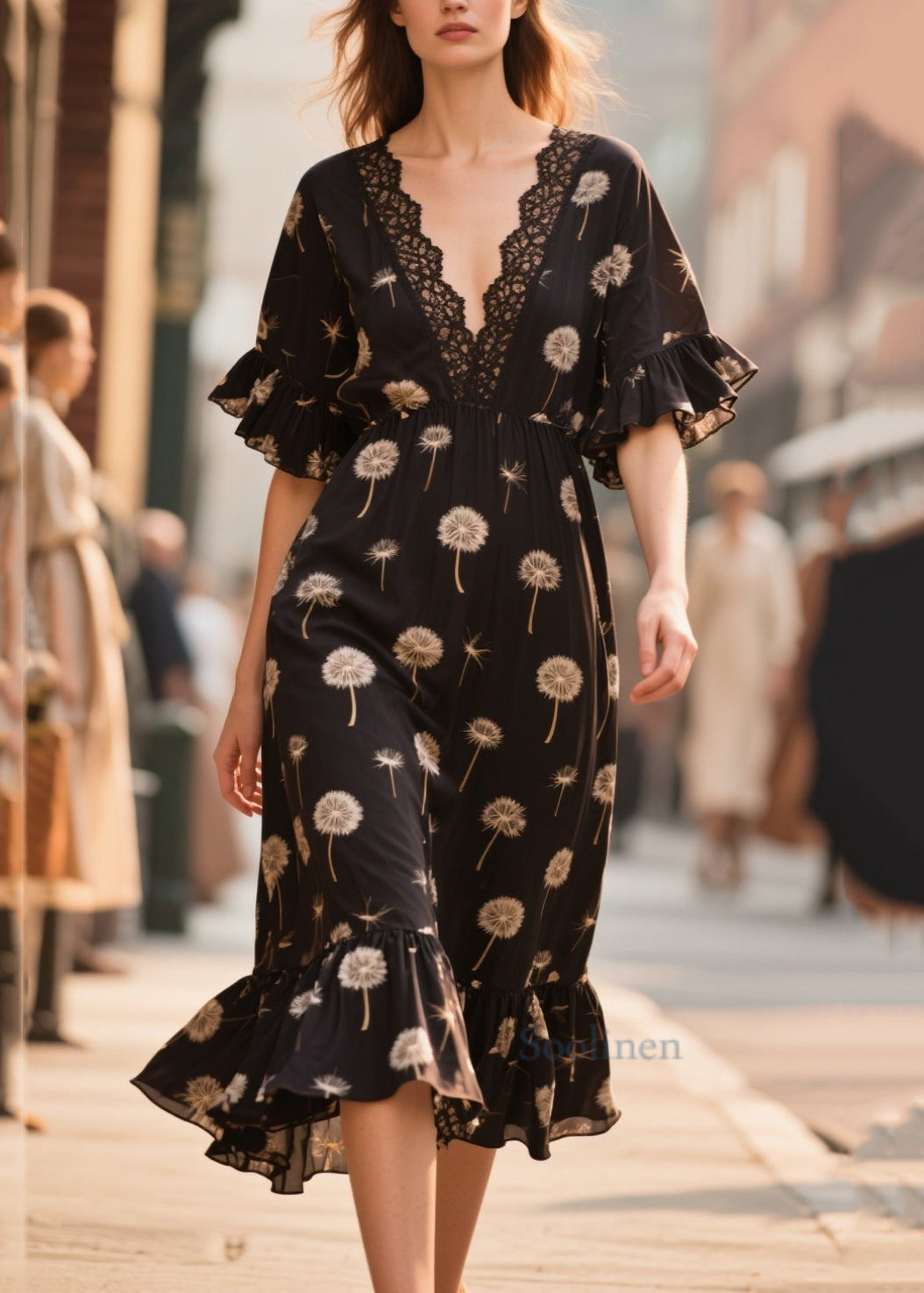French Black V Neck Print Chiffon Dress Summer