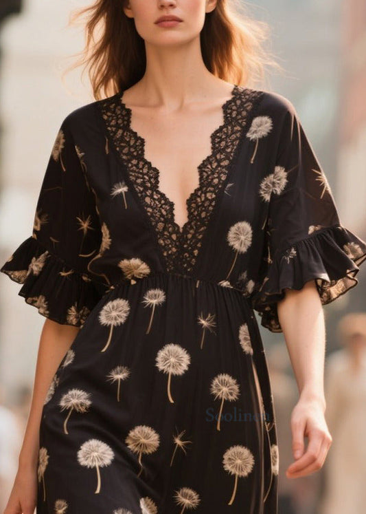French Black V Neck Print Chiffon Dress Summer