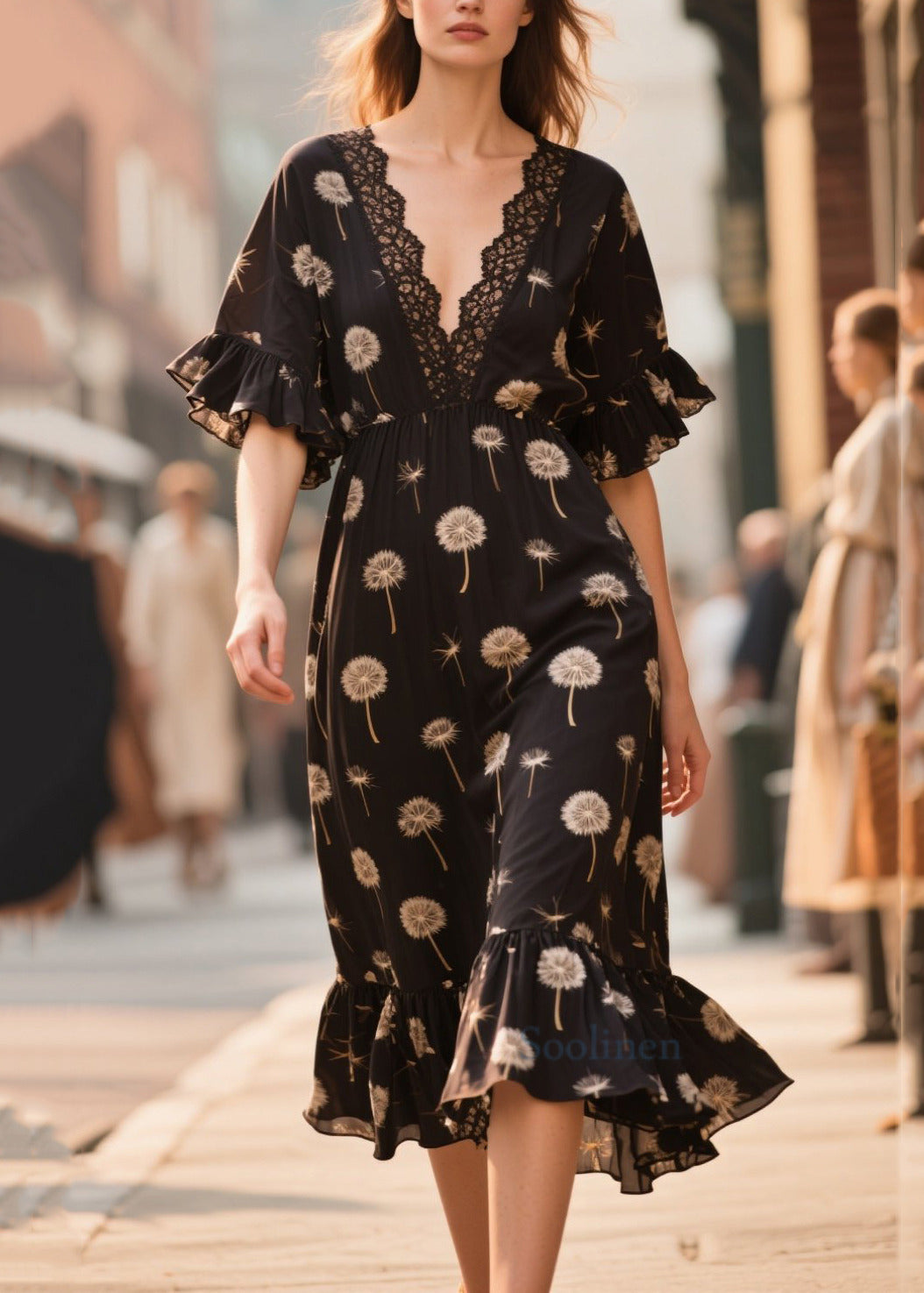 French Black V Neck Print Chiffon Dress Summer