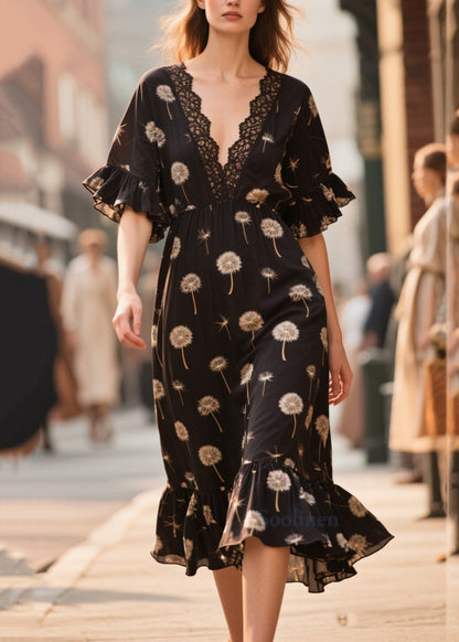 French Black V Neck Print Chiffon Dress Summer