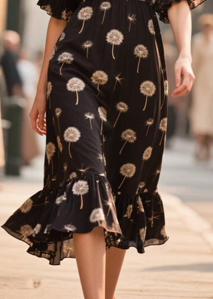 French Black V Neck Print Chiffon Dress Summer