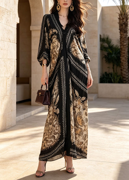 French Black V Neck Print Cotton Ankle Dress Batwing Sleeve