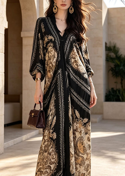 French Black V Neck Print Cotton Ankle Dress Batwing Sleeve