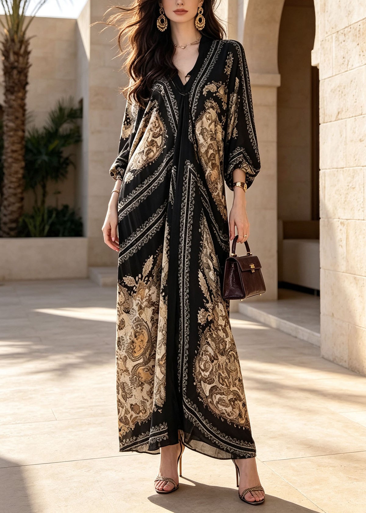 French Black V Neck Print Cotton Ankle Dress Batwing Sleeve