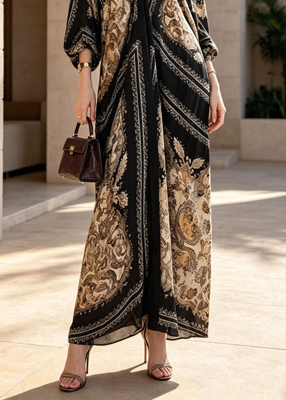 French Black V Neck Print Cotton Ankle Dress Batwing Sleeve