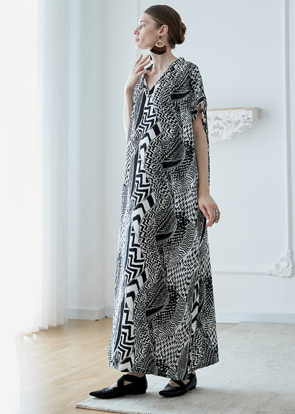 French Black V Neck Print Pockets Chiffon Robe Dresses Summer