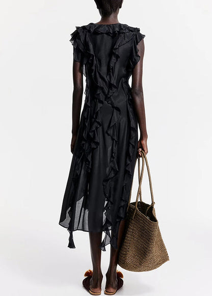 French Black V Neck Ruffled Cotton Long Dress Sleeveless