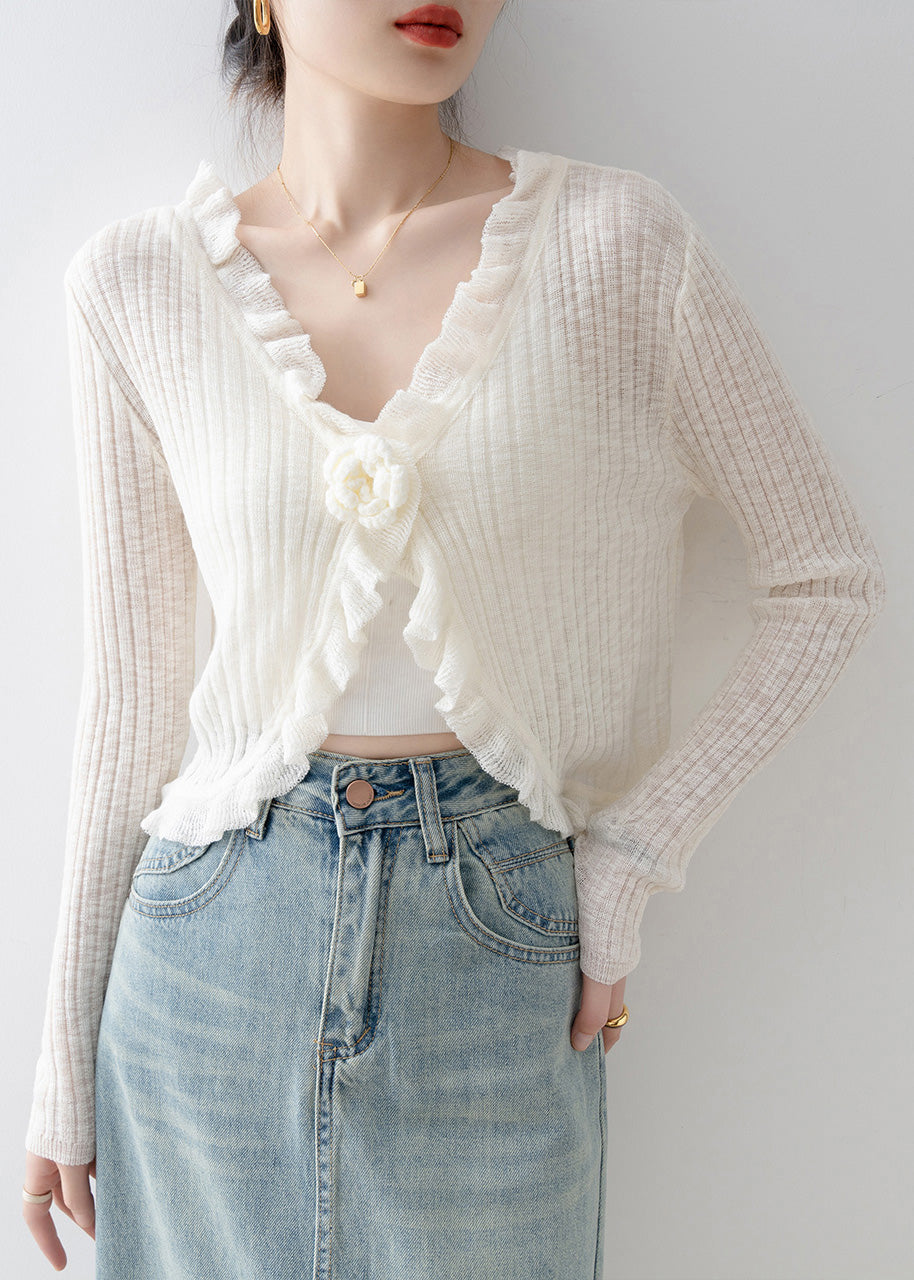 French Black V Neck Ruffled Floral Knit Cardigan Spring