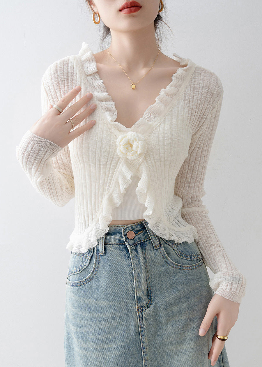 French Black V Neck Ruffled Floral Knit Cardigan Spring