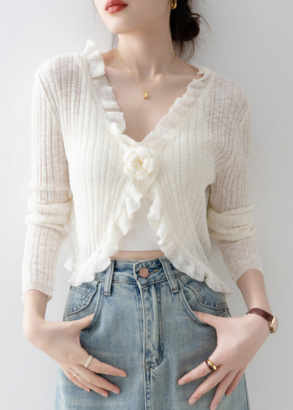 French Black V Neck Ruffled Floral Knit Cardigan Spring